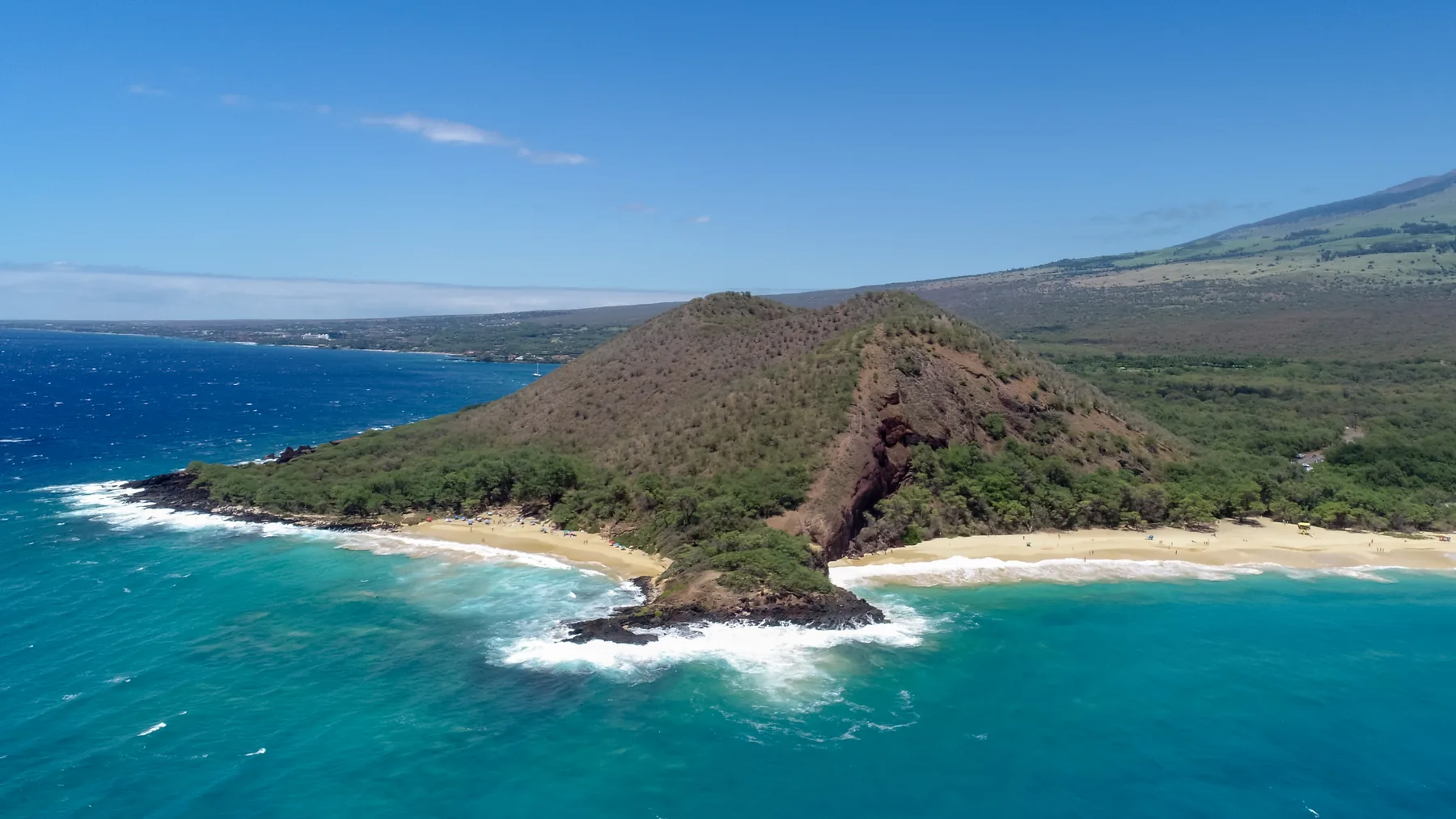 Aerial view of Makena and the Puu Olai cinder cone with white-sand beaches
